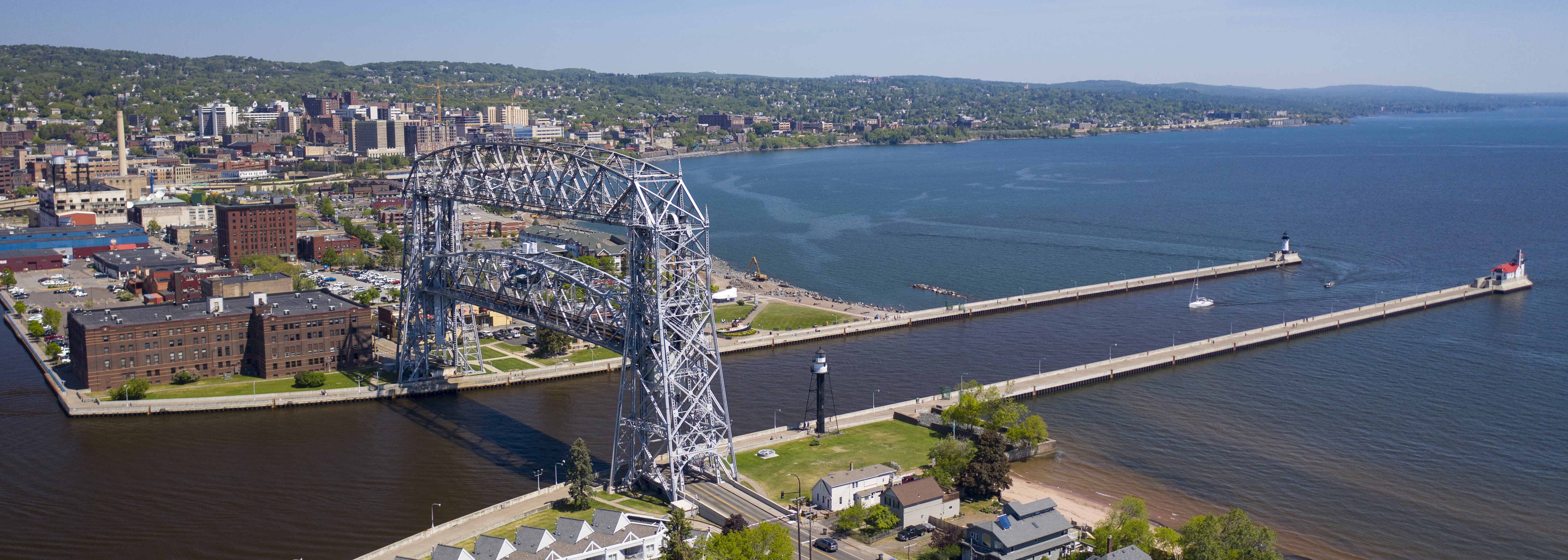 Aerial view of Duluth and the Lift Bridge