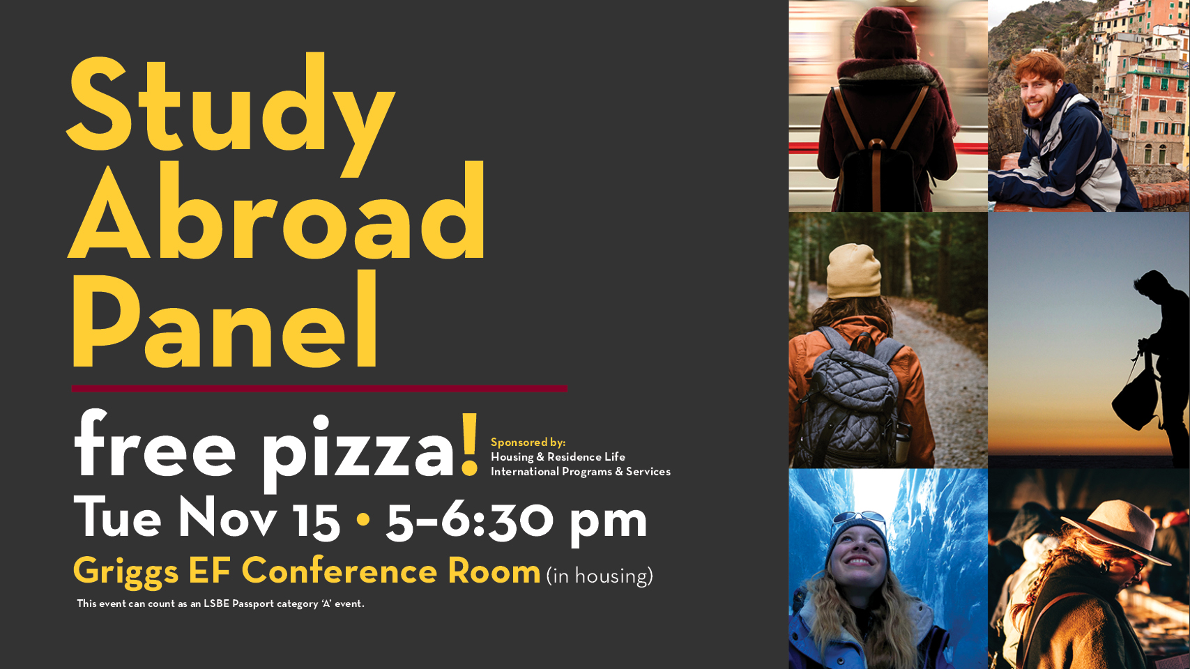 Study Aboard Panel Infographic which advertises free pizza. 