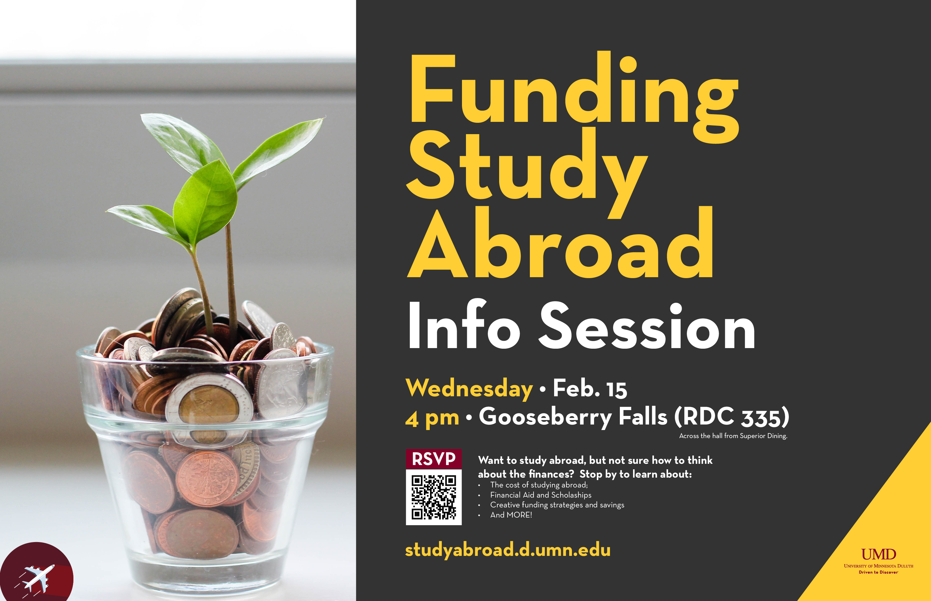 Study abroad graphic that has a plant and advertises a study abroad info session