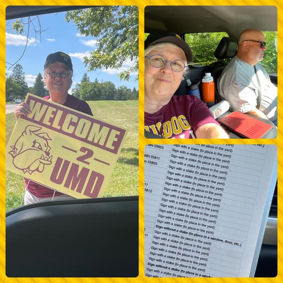 Collage of photos from VCSL Erwin and her partner delivering signs to UMD neighbors